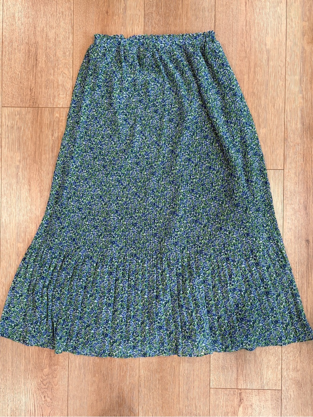 MNG Floral Pleated Maxi Skirt XS Blue Green Cottagecore Boho Pull On